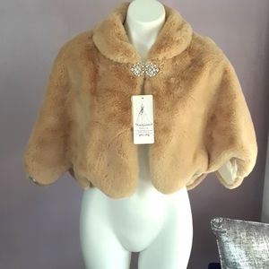 Vintage Inspired Faux Fur Cape with Rhinestone Clasp and Silk Lining NWT